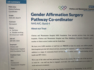 NHS advertising for ‘masculinising surgical treatments for patients. 