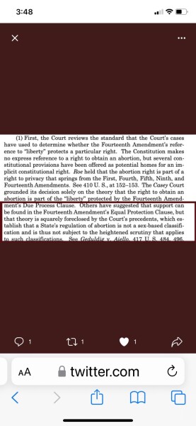 Roe versus Wade - language used - abortion not being classified as a sex-based right