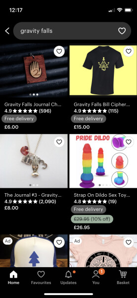 Etsy search for children’s programme showing dildos 