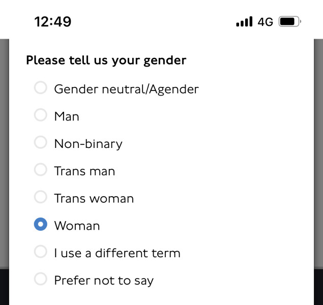 Gender listings on the TfL consultation survey