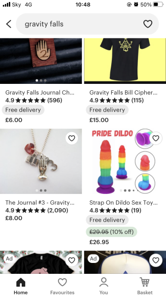 Etsy search for children’s programme showing dildos 