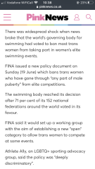 Fina stops transgender swimmers from competing in women's elite events
