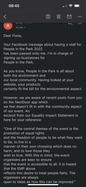 Here we go again: woman told she can't have a stall at a community event