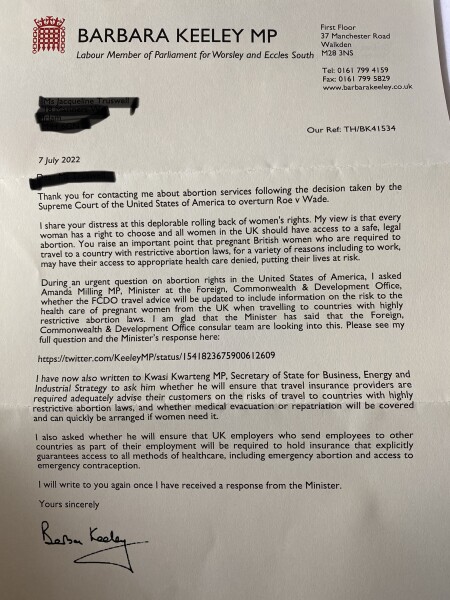 To ask Liz Truss to require Foreign Office Travel advice to include advice regarding countries that ban abortion where women may not receive appropriate treatment for miscarriage