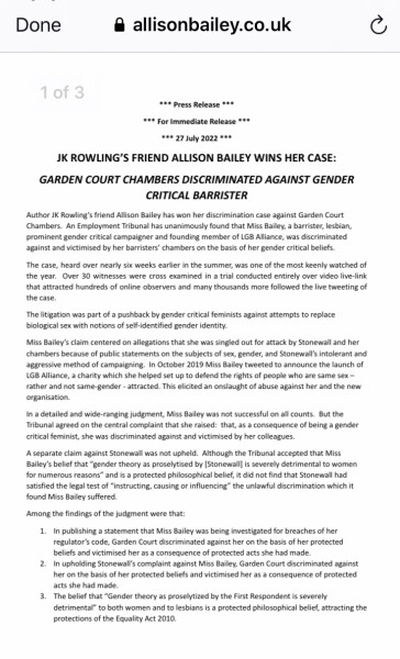 Allison Bailey v Stonewall - Employment Tribunal hearing Thread 18