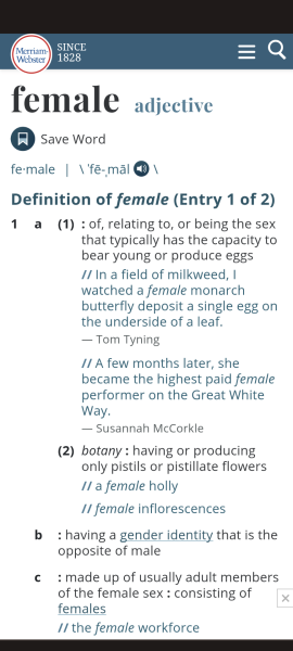 Merriam Webster dictionary adds definition of “female”