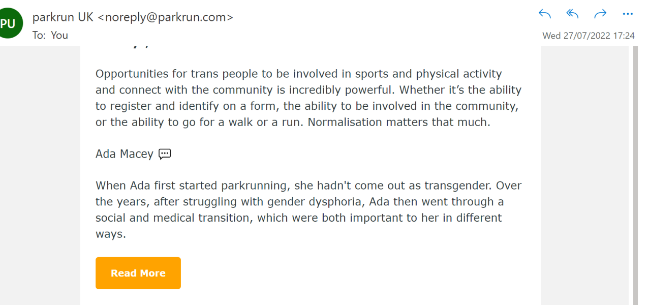 Park run email today - "Living as myself"