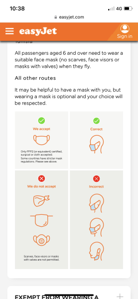 EasyJet masks for Spain