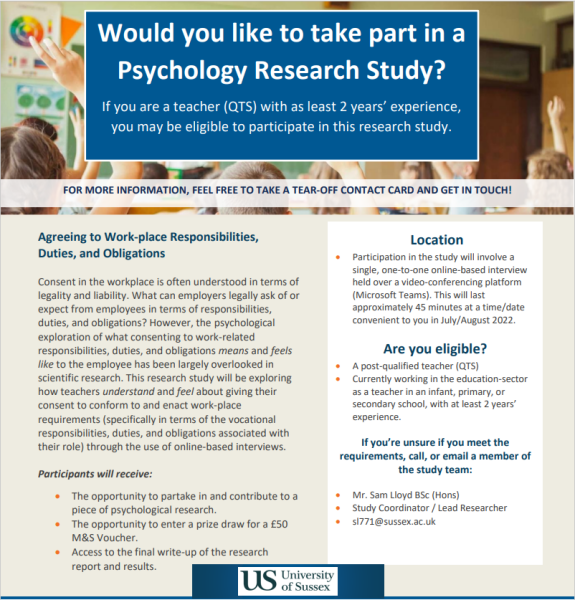 Teachers! Would You Like to Take Part in a Psychology Research Study?