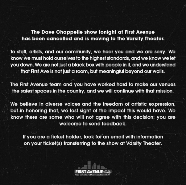 Dave Chappelle “gender is a fact” has show cancelled.