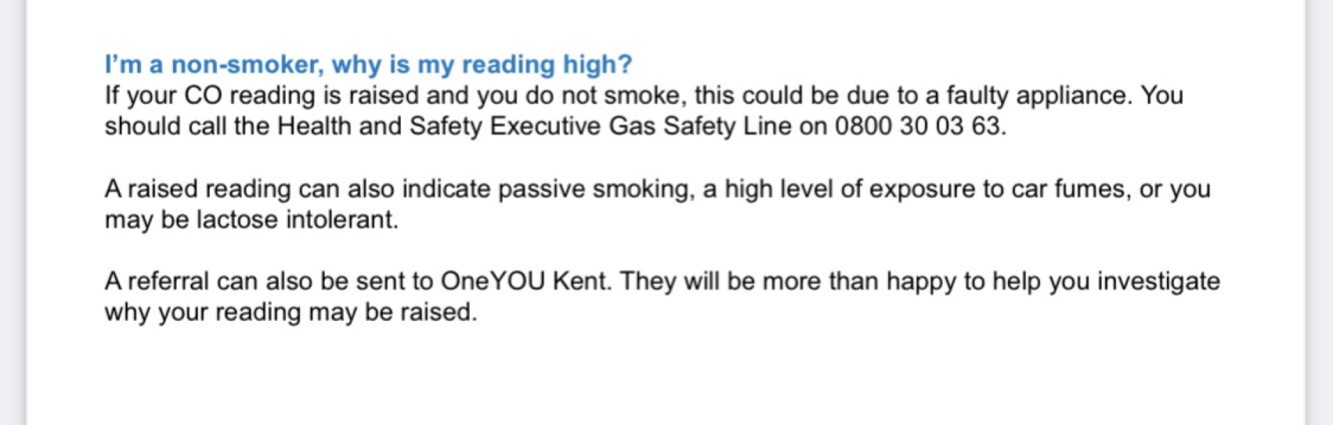 Carbon monoxide abnormal testing advice
