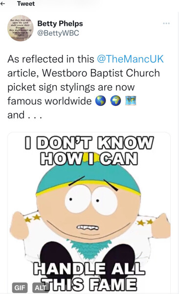 Manchester Pride using ‘God hates TERFS’ in the style of Westbro Church slogans
