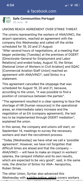 Portugal air traffic strikes 19-21st august 