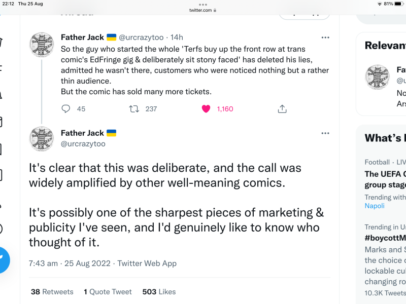 Edinburgh Fringe comic spat on and shunned by colleagues as a 'transphobe' for show about women