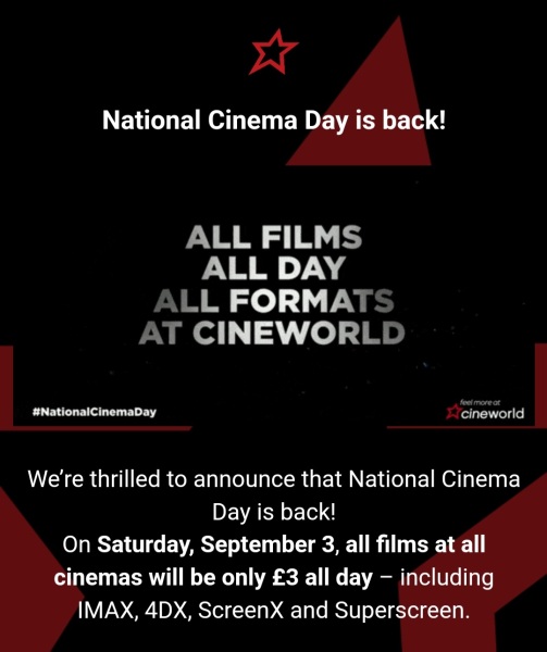 Cineworld £3 day - Sat 3rd Sep