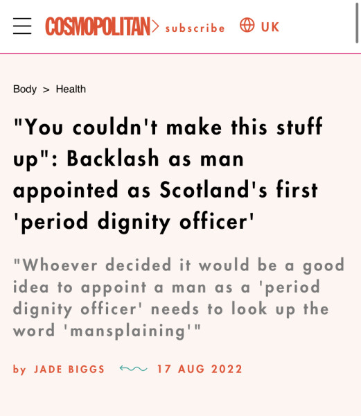 Tell me this is not real please. Scotland's first period dignity officer is a man. A MAN.