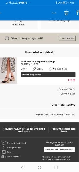 To think DP should refund postage as they sent the wrong sized shoe! 