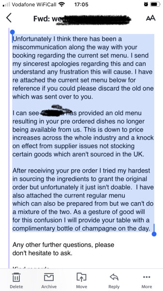 Wedding venue cancelling my menu choices with three weeks to go - devastated