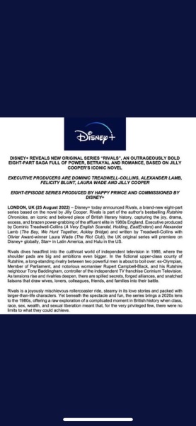 Disney Plus doing Jilly Cooper's Rivals