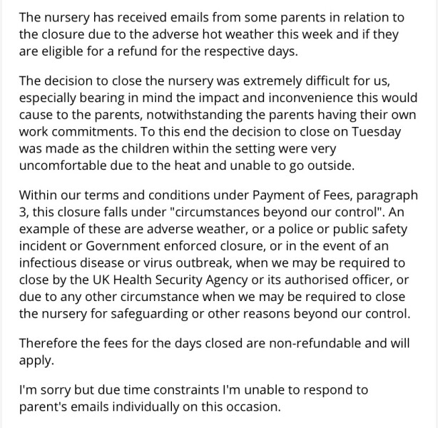 Nursery closed due to heat despite having air conditioning?