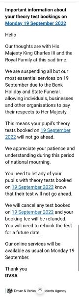 Driving tests cancelled for Queen's funeral?