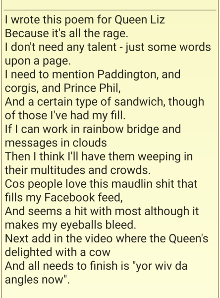 To find all the poems about the Queen, too much?