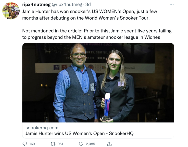 Trans woman’s victory in female snooker sparks fairness row (Times, 2 Sep)