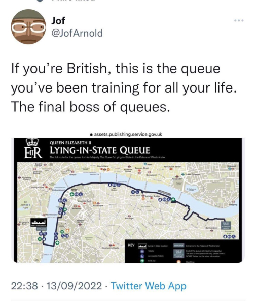 Nobody does a queue better than the British! Queue for coffin is five miles long