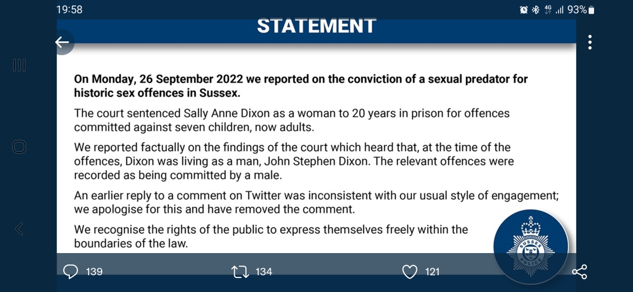 Sussex Police claim gc views are 'hate' when women call a paedophile a man