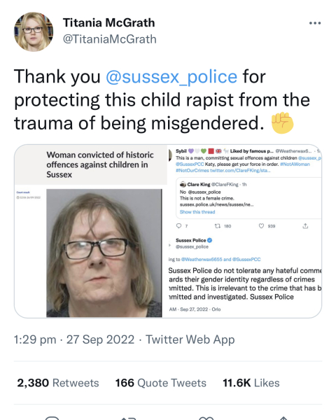 Sussex Police claim gc views are 'hate' when women call a paedophile a man