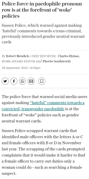 Sussex Police claim gc views are 'hate' when women call a paedophile a man
