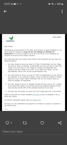 Center Parcs closing for funeral 