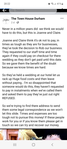 Anyone following the Town House Hotel non-paying wedding couple story on FB?