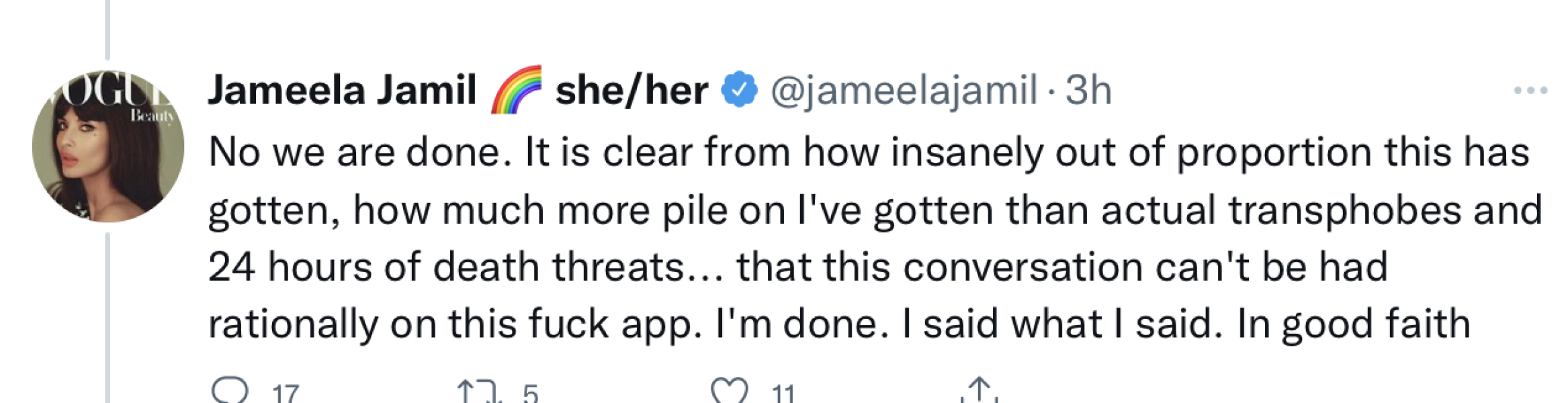 I regret to inform you that Jameela Jamil has sinned