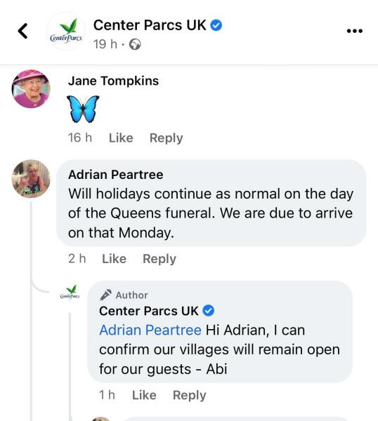 Center Parcs closing for funeral 