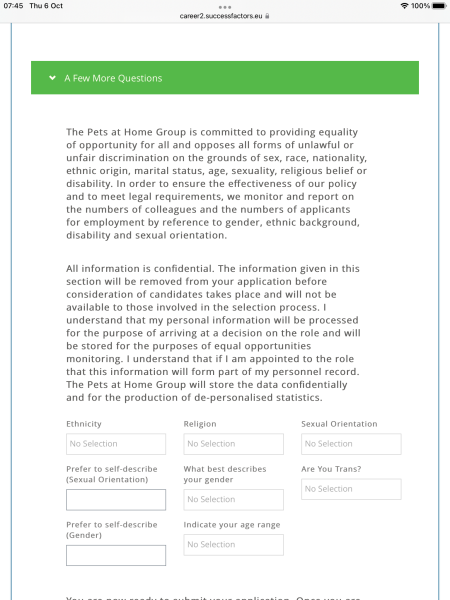 Pets at home equality section for recruitment 
