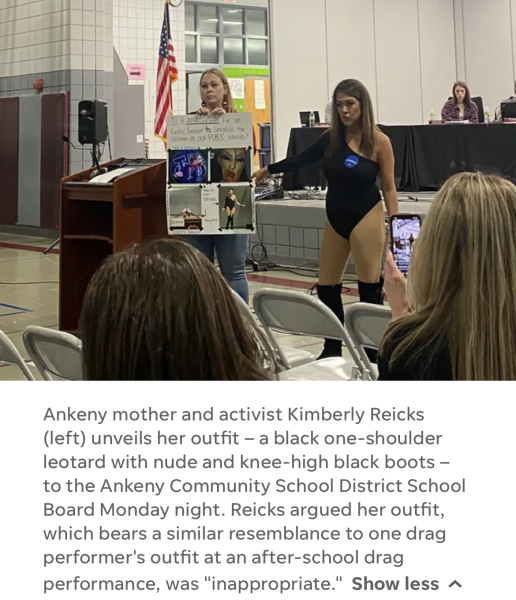 Iowa mum attends school board meeting in matching outfit to Drag Queen school visitor.
