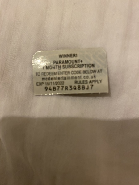 McDonalds Monopoly prize - 1 month free subscription to Paramount+ 