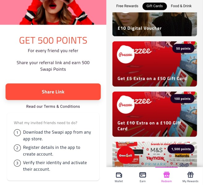 Swapi- earn 500 points redeem for giftcards - refer 3 people to the app & get a £10 gift card