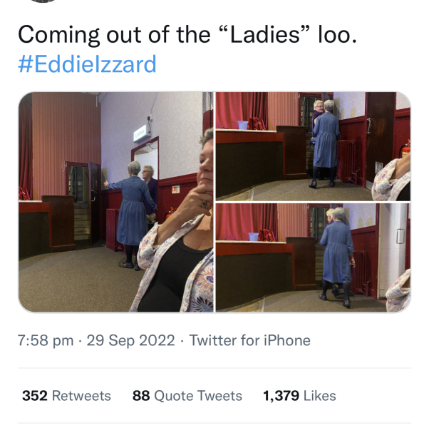 Eddy Izzard uses ladies loo in Sheffield.