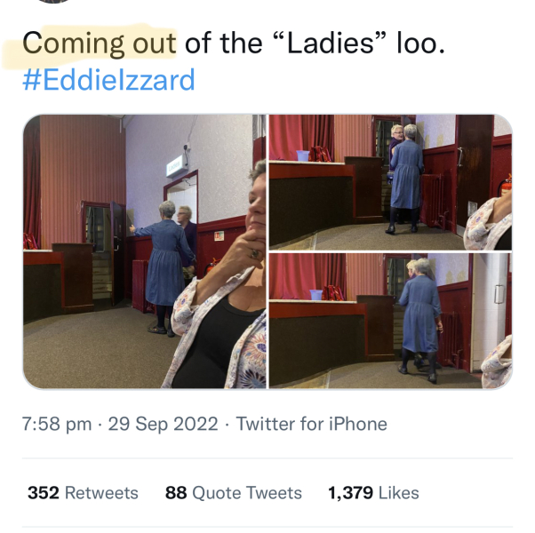 Eddy Izzard uses ladies loo in Sheffield.