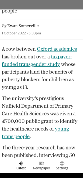 Telegraph: Oxford puberty blocker study issues