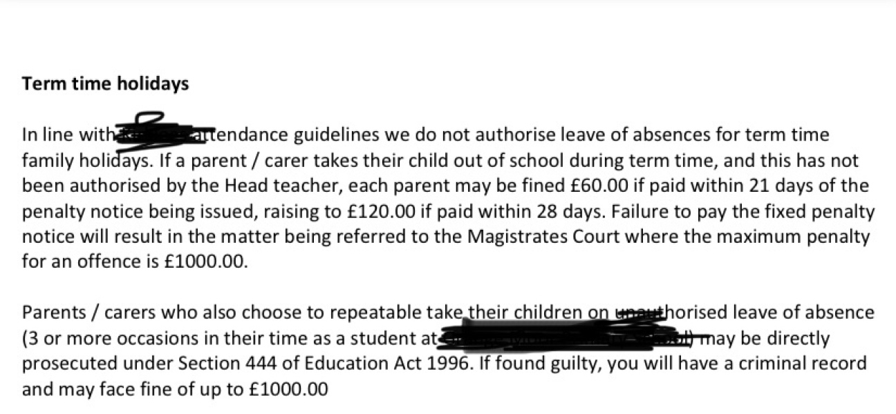 Term time holidays and fines 