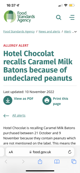 Hotel Chocolat - hidden peanuts - recall