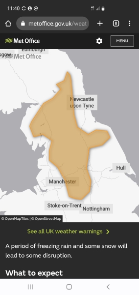 Amber warning for freezing rain on Sunday