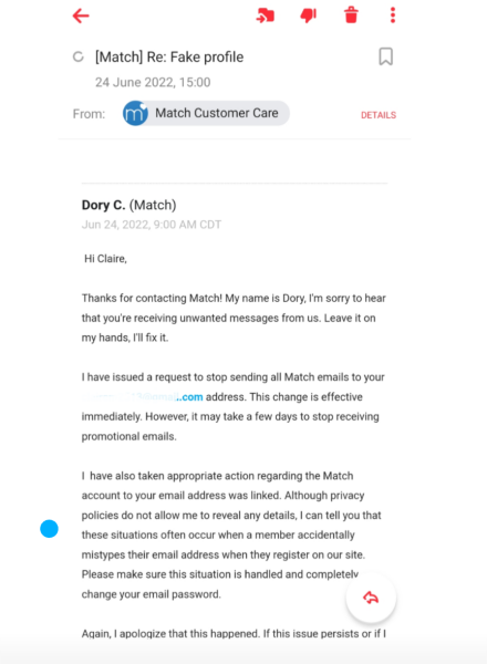 Husband has emails from Match.com 