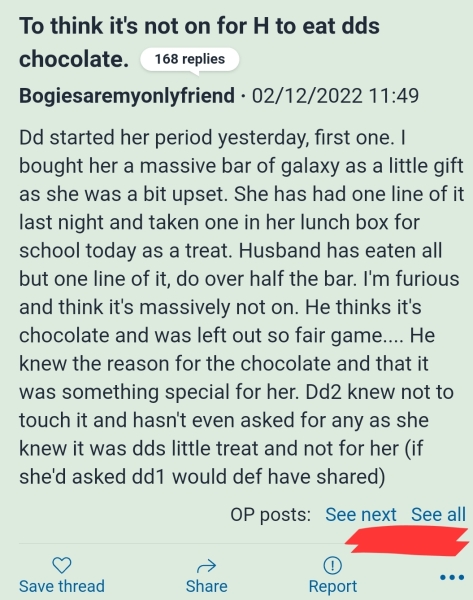To think it's not on for H to eat dds chocolate.