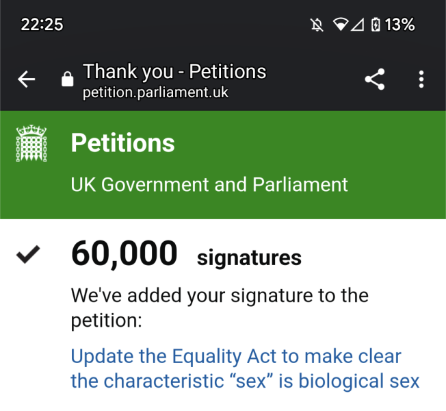 Petition: Update the Equality Act to make clear the characteristic “sex” is biological sex