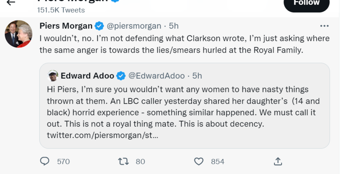 Piers Morgan's response to Clarkson's comments