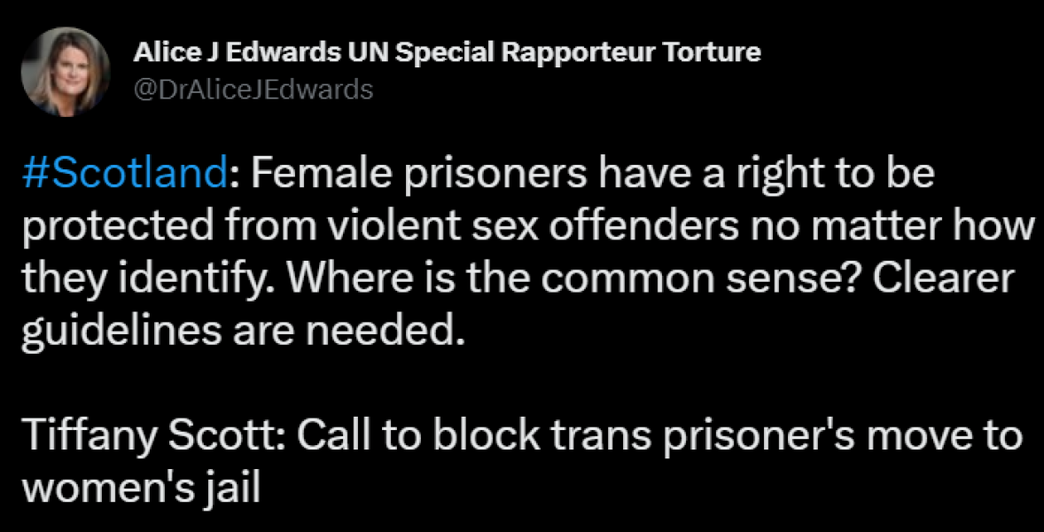 UN special rapporteur on torture has spoken up on the inhumane policy of allowing males in female prisons in Scotland.